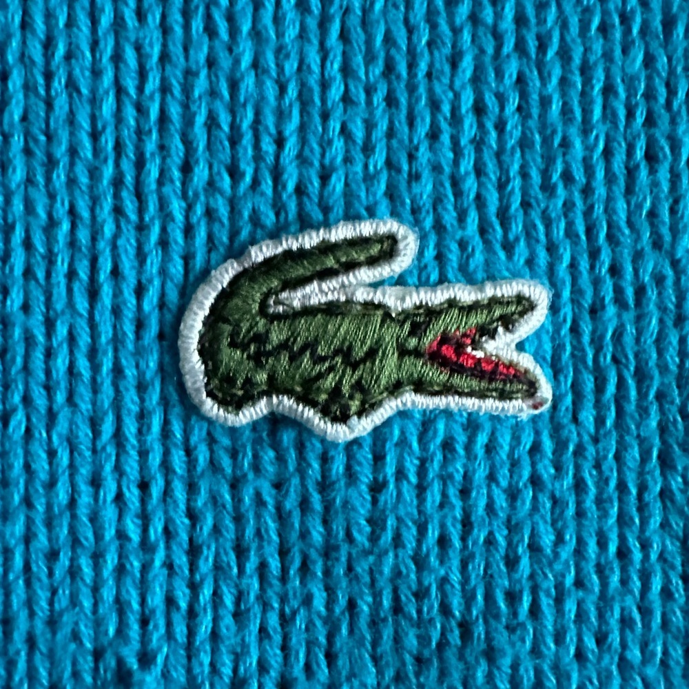 LACOSTE 🐊 Men’s Vintage Blue & Black Geometric All Cotton LS Sweater - Size LG - Picture 5 of 12
